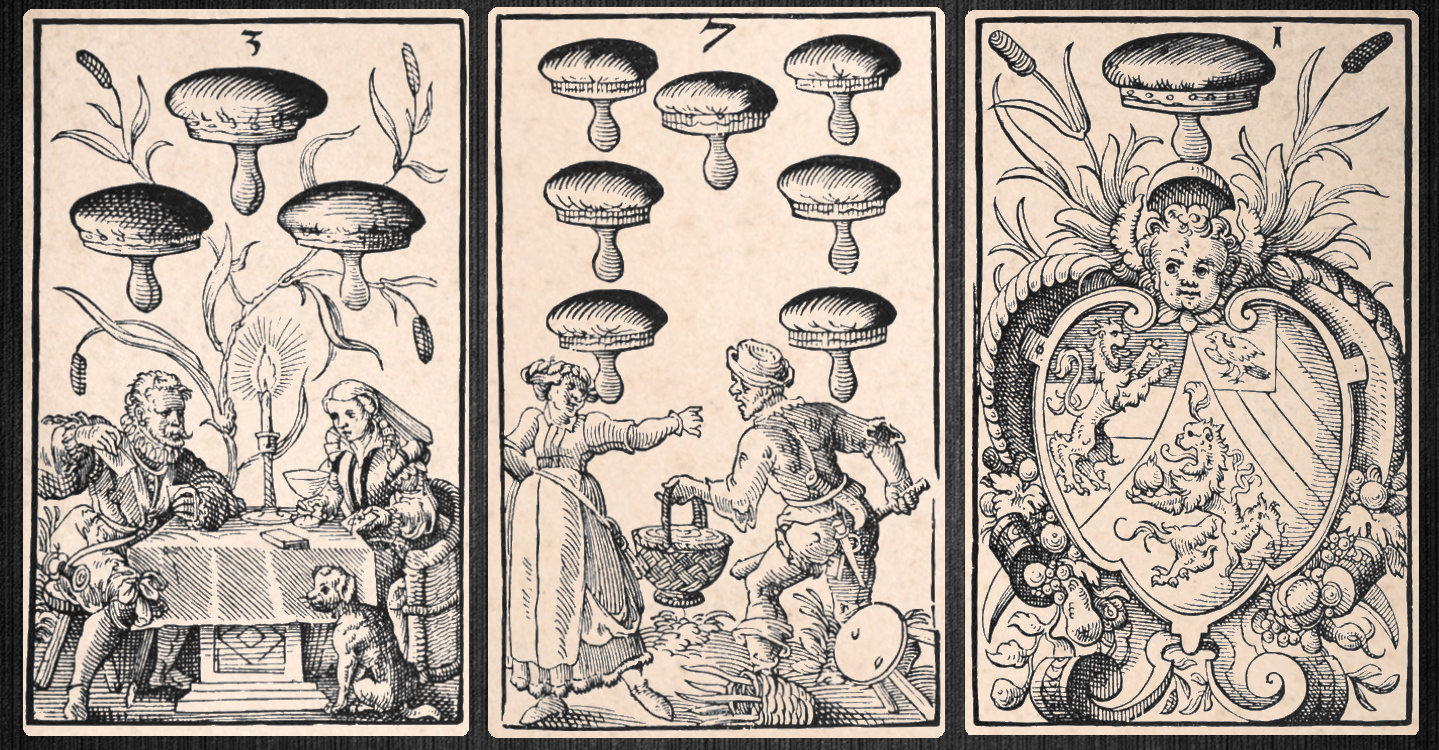 Three, seven, and ace from a deck of playing cards with the ink balls as a suit symbol. Jost Amman. Nuremberg, 1568.